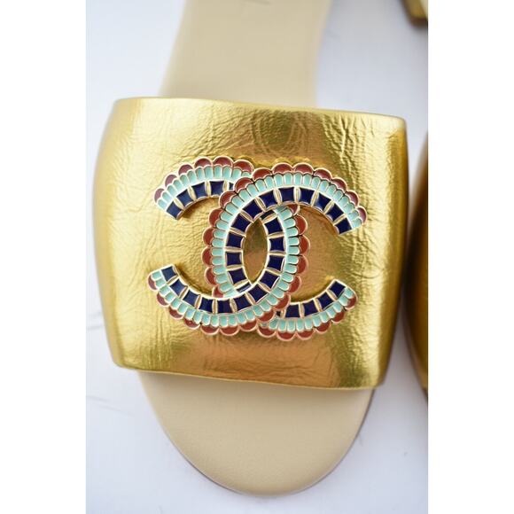 Chanel 19A Gold Laminated Lambskin CC Red Logo Slide Slip On Sandal Mule Flat 36 - Picture 7 of 12